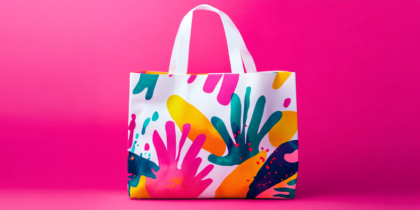 Eco-friendly Tote Bags With Colorful Abstract Patterns In Pink, Yellow, Blue, And Green, Offering Style And Sustainability.