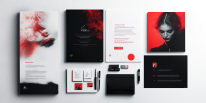 Red And Black Branding Materials With Minimalist Layouts And Smoky Textures, Including Business Cards, Letterheads, And Brochures.